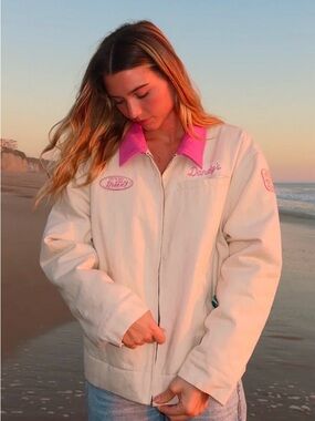 Cream Bomber Jacket with Pink Collar